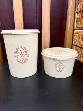 Vintage Tupperware Servalier Canister Set - Almond Brown Floral Scroll Design